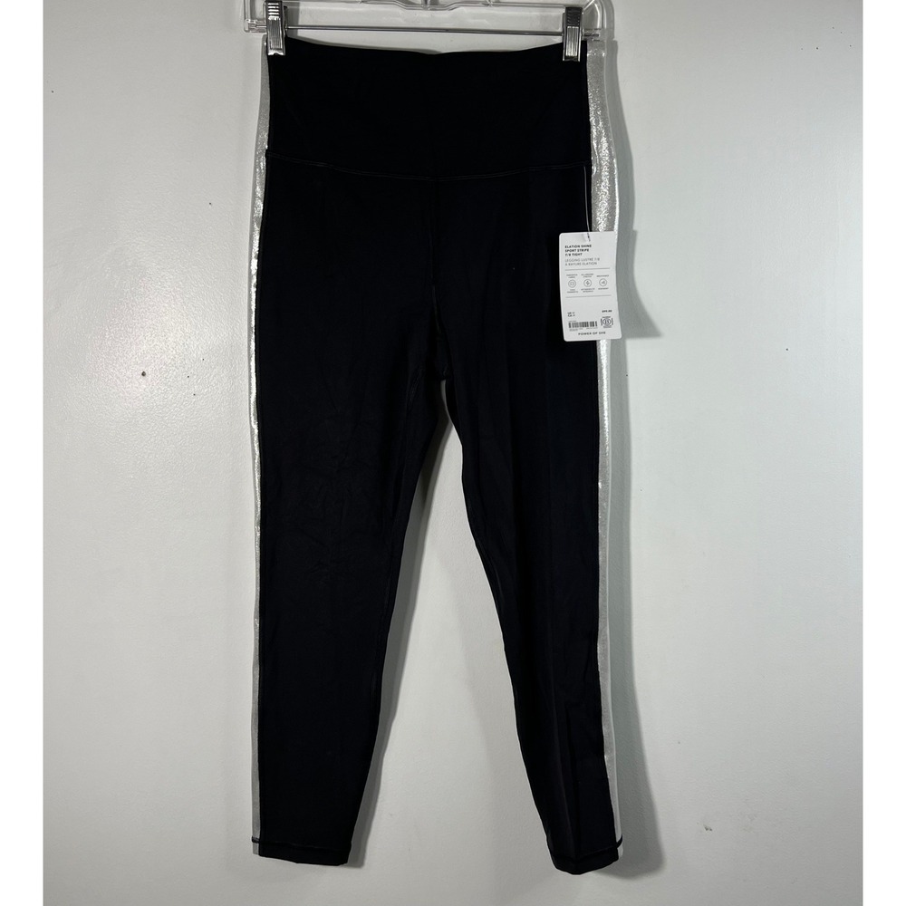 Womens Athleta Elation Shine Sport Stripe 7/8 Tight Black Silver NWT M